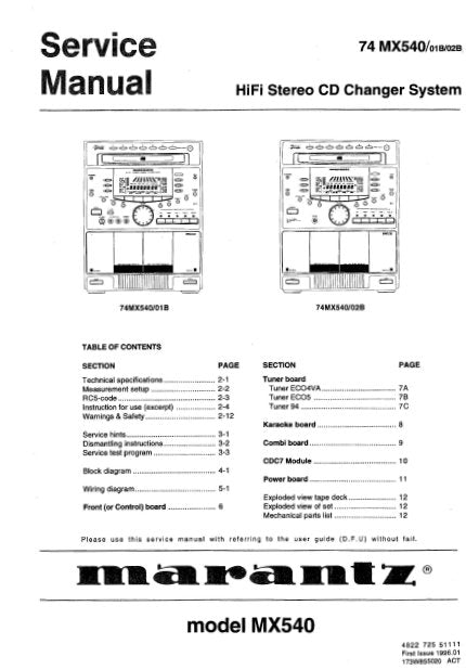 MARANTZ MX540 74 MX540 HIFI STEREO CD CHANGER SYSTEM SERVICE MANUAL INC BLK DIAGS PCBS SCHEM DIAGS AND PARTS LIST 105 PAGES ENG