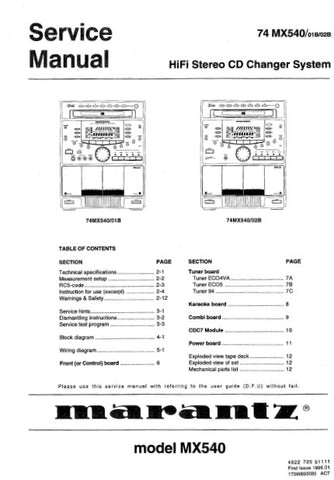 MARANTZ MX540 74 MX540 HIFI STEREO CD CHANGER SYSTEM SERVICE MANUAL INC BLK DIAGS PCBS SCHEM DIAGS AND PARTS LIST 105 PAGES ENG