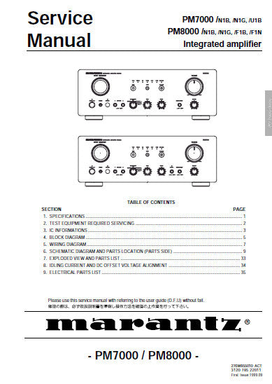 MARANTZ PM7000 PM8000 INTEGRATED AMPLIFIER SERVICE MANUAL INC BLK DIAG PCBS SCHEM DIAGS AND PARTS LIST 29 PAGES ENG