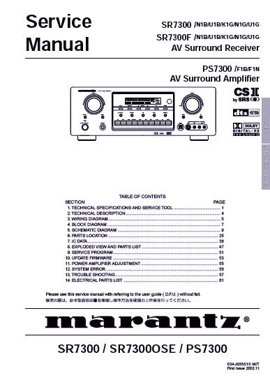 MARANTZ PS7300 PS7300F AV SURROUND AMPLIFIER SR7300 SR7300SE AV SURROUND RECEIVER SERVICE MANUAL INC BLK DIAG PCBS SCHEM DIAGS AND PARTS LIST 63 PAGES ENG