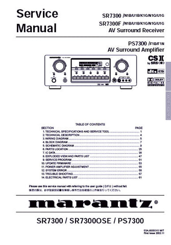 MARANTZ PS7300 PS7300F AV SURROUND AMPLIFIER SR7300 SR7300SE AV SURROUND RECEIVER SERVICE MANUAL INC BLK DIAG PCBS SCHEM DIAGS AND PARTS LIST 63 PAGES ENG