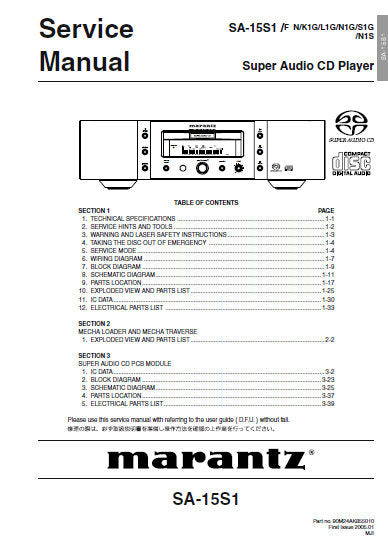 MARANTZ SA-15S1 SUPER AUDIO CD PLAYER SERVICE MANUAL INC BLK DIAG PCBS SCHEM DIAGS AND PARTS LIST 76 PAGES ENG