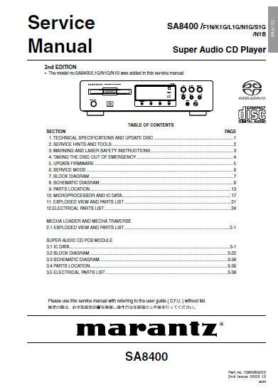 MARANTZ SA8400 SUPER AUDIO CD PLAYER SERVICE MANUAL INC BLK DIAG PCBS SCHEM DIAGS AND PARTS LIST 65 PAGES ENG