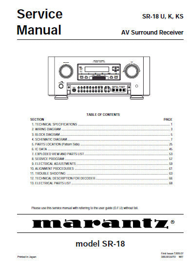 MARANTZ SR-18 AV SURROUND RECEIVER SERVICE MANUAL INC BLK DIAG PCBS SCHEM DIAGS AND PARTS LIST 60 PAGES ENG