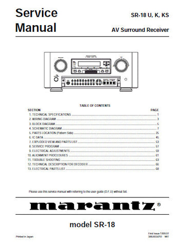 MARANTZ SR-18 AV SURROUND RECEIVER SERVICE MANUAL INC BLK DIAG PCBS SCHEM DIAGS AND PARTS LIST 60 PAGES ENG