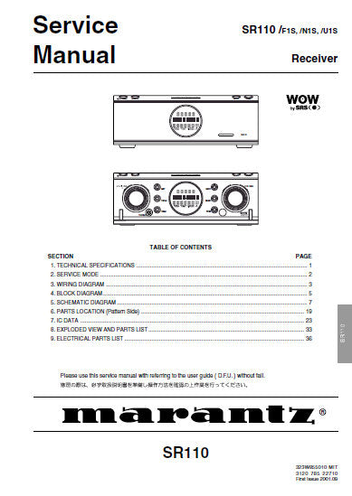 MARANTZ SR110 RECEIVER SERVICE MANUAL INC BLK DIAG PCBS SCHEM DIAGS AND PARTS LIST 32 PAGES ENG