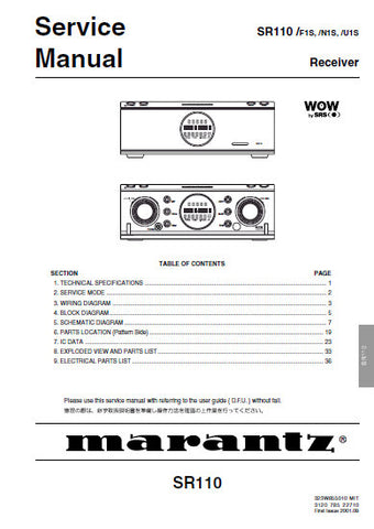 MARANTZ SR110 RECEIVER SERVICE MANUAL INC BLK DIAG PCBS SCHEM DIAGS AND PARTS LIST 32 PAGES ENG