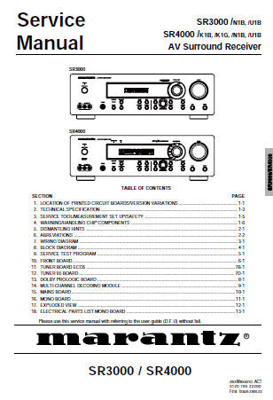 MARANTZ SR3000 SR4000 AV SURROUND RECEIVER SERVICE MANUAL INC BLK DIAGS PCBS SCHEM DIAGS AND PARTS LIST 77 PAGES ENG
