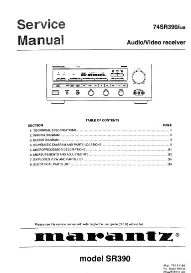 MARANTZ SR390 AV RECEIVER SERVICE MANUAL INC BLK DIAG PCBS SCHEM DIAGS AND PARTS LIST 34 PAGES ENG