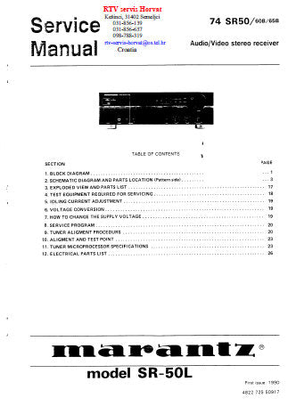 MARANTZ 74 SR-50L SR50 SR60B SR65B AV STEREO RECEIVER SERVICE MANUAL INC BLK DIAG SCHEM DIAG PCBS AND PARTS LIST 36 PAGES ENG