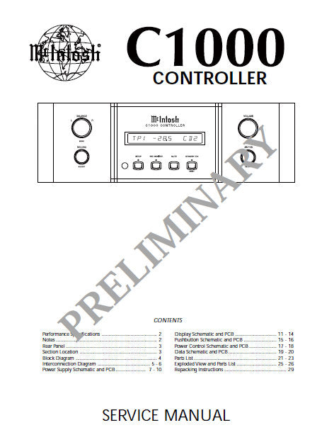 McINTOSH C1000 CONTROLLER SERVICE MANUAL INC BLK DIAG PCBS SCHEM DIAGS AND PARTS LIST 30 PAGES ENG