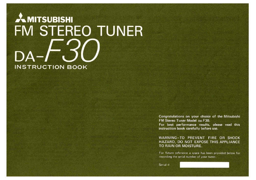 MITSUBISHI DA-F30 FM STEREO TUNER INSTRUCTION BOOK INC CONN DIAGS AND TRSHOOT GUIDE 12 PAGES ENG