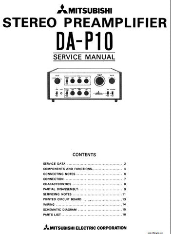MITSUBISHI DA-P10 STEREO PREAMPLIFIER SERVICE MANUAL INC CONN DIAG PCBS WIRING DIAG SCHEM DIAG AND PARTS LIST 17 PAGES ENG