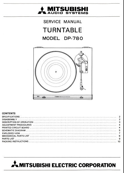 MITSUBISHI DP-780 TURNTABLE SERVICE MANUAL INC PCBS SCHEM DIAG AND PARTS LIST 10 PAGES ENG