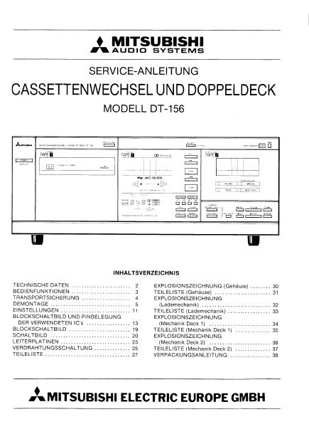 MITSUBISHI DT-156 CASSETTENWECHSEL UND DOPPELDECK SERVICEANLEITUNG MIT BLOCK DIAGRAM, VERDRATTUNGSPLAN LEITERPLATTEN SCHALTPLAN UND TEILISTE 38 SEITE DEUTSCH