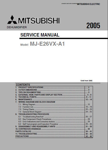 MITSUBISHI MJ-E26VX-A1 DEHUMIDIFIER SERVICE MANUAL INC COOLANT CIRC DIAG WIRING AND BLK DIAGS PCBS TRSHOOT GUIDE AND PARTS LIST 47 PAGES ENG