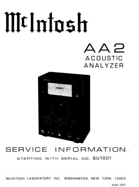 McINTOSH AA2 ACOUSTIC ANALYZER SERVICE INFORMATION INC BLK DIAG PCBS SCHEM DIAGS AND PARTS LIST 21 PAGES ENG
