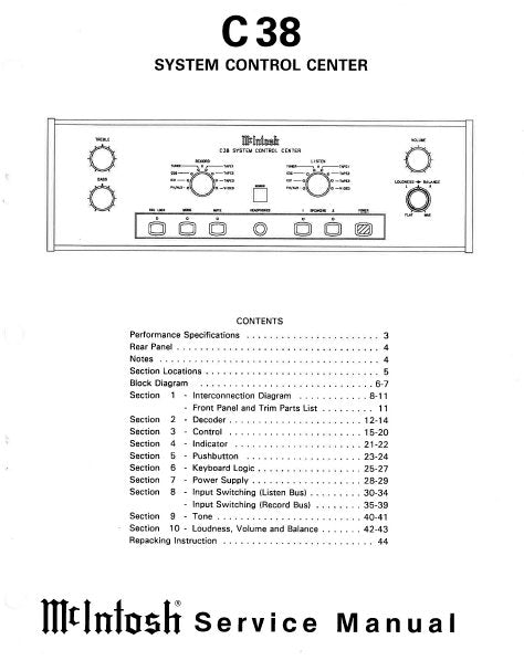 McINTOSH C38 SYSTEM CONTROL CENTER SERVICE MANUAL INC BLK DIAG PCBS SCHEM DIAGS AND PARTS LIST 27 PAGES ENG