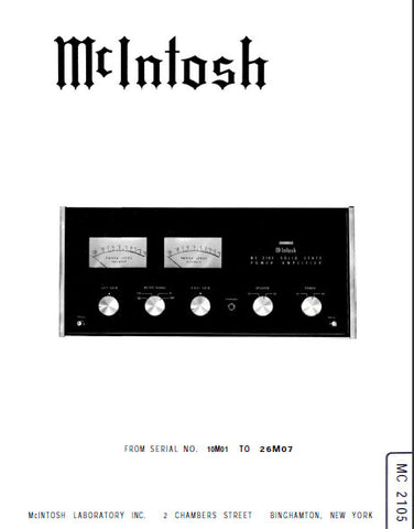 McINTOSH MC2105 SOLID STATE POWER AMPLIFIER SERVICE MANUAL INC BLK DIAG PCBS SCHEM DIAGS AND PARTS LIST 13 PAGES ENG