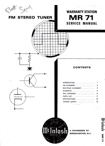 McINTOSH MR-71 MR71 FM STEREO TUNER SERVICE MANUAL INC SCHEM DIAGS AND PARTS LIST 15 PAGES ENG