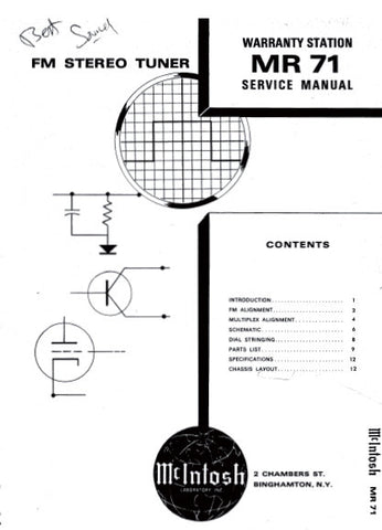 McINTOSH MR-71 MR71 FM STEREO TUNER SERVICE MANUAL INC SCHEM DIAGS AND PARTS LIST 15 PAGES ENG