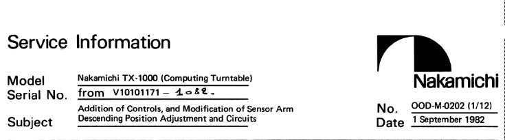 NAKAMICHI TX-1000 COMPUTING TURNTABLE SERVICE INFORMATION INC NEW SCHEM DIAGS BLK DIAGS AND PARTS LIST 7 PAGES ENG