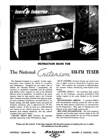 NATIONAL CRITERION AM FM TUNER INSTRUCTION BOOK INC BLK DIAG SCHEM DIAG AND PARTS LIST 14 PAGES ENG