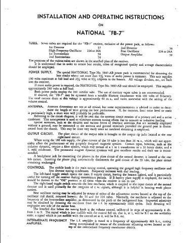NATIONAL FB-7 SHORT WAVE RECEIVER INSTALLATION AND OPERATING INSTRUCTIONS BOOK INC SCHEM DIAGS 16 PAGES ENG