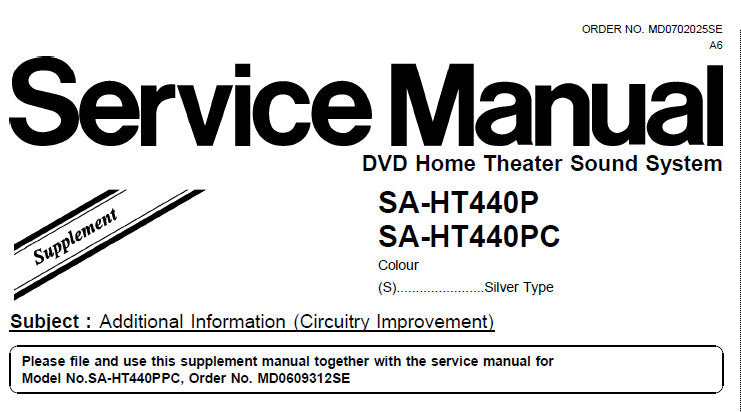 NATIONAL SA-HT440P SA-HT440PC DVD HOME THEATER SOUND SYSTEM SERVICE MANUAL INC BLK DIAG SCHEM DIAG PCB'S AND PARTS LIST 9 PAGES ENG