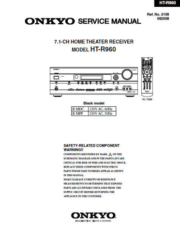 ONKYO HT-R960 7.1 CH HOME THEATER RECEIVER SERVICE MANUAL INC BLK DIAGS PCBS SCHEM DIAGS AND PARTS LIST 191 PAGES ENG
