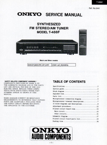 ONKYO T-488F SYNTHESIZED FM STEREO AM TUNER SERVICE MANUAL INC BLK DIAG PCBS SCHEM DIAGS AND PARTS LIST 20 PAGES ENG