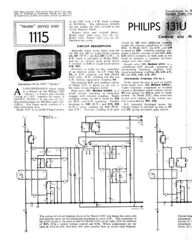 PHILIPS 131U STARLET RADIO SERVICE SHEET INC PCBS SCHEM DIAG AND PARTS LIST 4 PAGES ENG