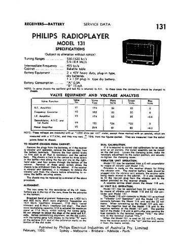 PHILIPS 131 RADIOPLAYER SERVICE DATA INC SCHEM DIAG AND PARTS LIST 4 PAGES ENG