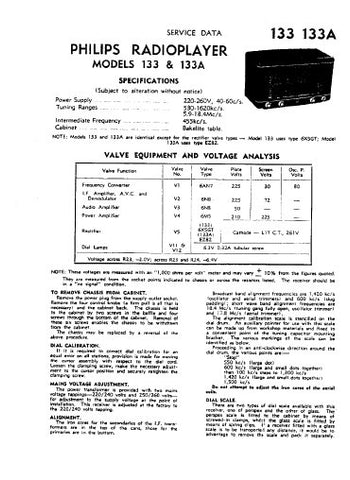 PHILIPS 133 133A RADIOPLAYER SERVICE DATA INC SCHEM DIAG AND PARTS LIST 4 PAGES ENG