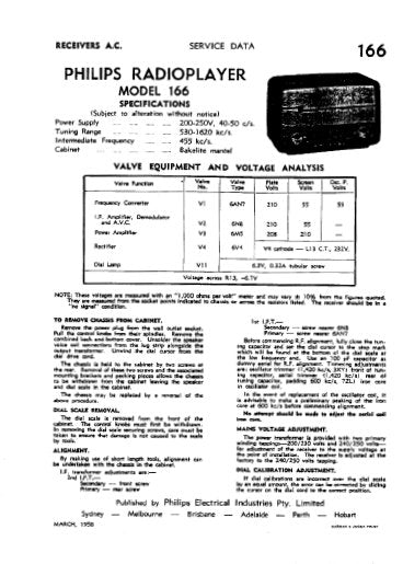 PHILIPS 166 RADIOPLAYER SERVICE DATA INC SCHEM DIAG AND PARTS LIST 4 PAGES ENG