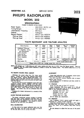 PHILIPS 202 RADIOPLAYER SERVICE DATA INC SCHEM DIAG AND PARTS LIST 4 PAGES ENG