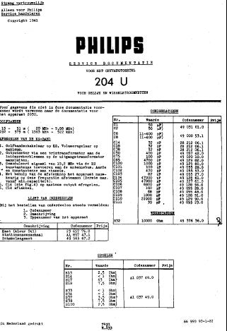 PHILIPS 204U RADIO SERVICE DOKUMENTATIE INC PCBS SCHEM DIAG AND PARTS LIST 7 PAGES NL