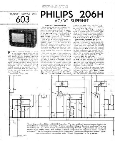 PHILIPS 206H AC DC SUPERHET RADIO SERVICE SHEET INC PCB SCHEM DIAG AND PARTS LIST 4 PAGES ENG