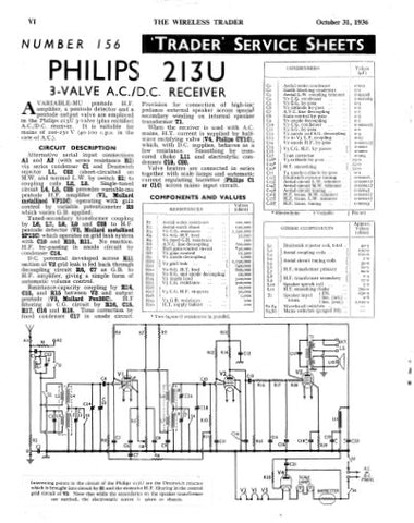 PHILIPS 213U 3 VALVE AC DC RECEIVER SERVICE SHEET INC PCBS SCHEM DIAG AND PARTS LIST 2 PAGES ENG