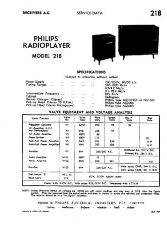 PHILIPS 218 RADIOPLAYER RECEIVER SERVICE DATA INC SCHEM DIAG PARTS LIST 6 PAGES ENG