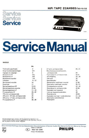 PHILIPS 22AH985 HIFI TAPC SERVICE MANUAL INC PCBS SCHEM DIAGS AND PARTS LIST 38 PAGES NL