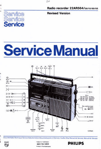 PHILIPS 22AR564 RADIO RECORDER SERVICE MANUAL INC PCBS SCHEM DIAGS AND PARTS LIST 20 PAGES ENG DEUT FRANC NL ITAL