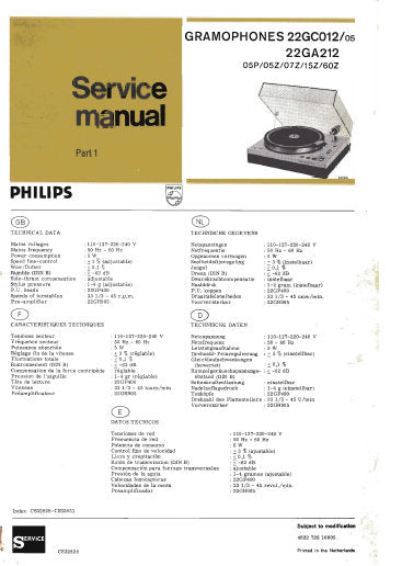 PHILIPS 22GA212 22GC012 GRAMOPHONES SERVICE MANUAL INC PCB SCHEM DIAG AND PARTS LIST 22 PAGES ENG DEUT FRANC NL ESP MULTI