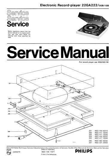 PHILIPS 22GA222 ELECTRONIC RECORD PLAYER SERVICE MANUAL INC PCBS SCHEM DIAGS AND PARTS LIST 13 PAGES ENG DEUT FRANC NL ESP ITAL MULTI