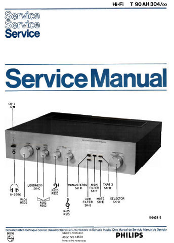 PHILIPS 90AH304 INTEGRATED STEREO AMPLIFIER SERVICE MANUAL INC PCBS SCHEM DIAGS AND PARTS LIST 8 PAGES ENG DEUT FRANC NL ITAL ESP
