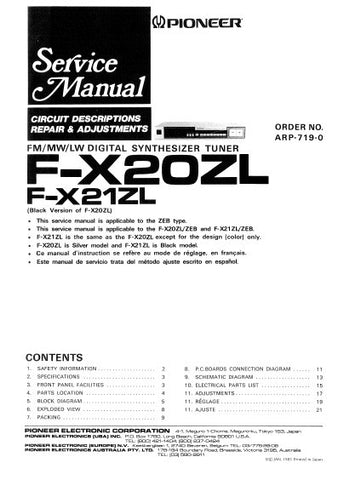 PIONEER F-X20ZL F-X21ZL FM MW LW DIGITAL SYNTHESIZER TUNER SERVICE MANUAL INC BLK DIAG PCBS SCHEM DIAG AND PARTS LIST 16 PAGES ENG