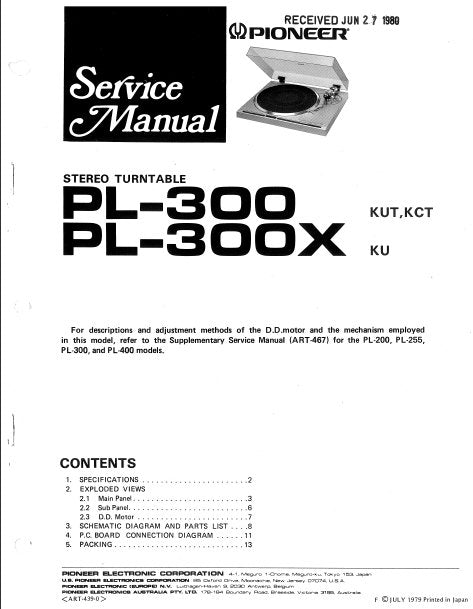 PIONEER PL-300 PL-300X STEREO TURNTABLE SERVICE MANUAL INC PCBS SCHEM DIAG AND PARTS LIST 11 PAGES ENG