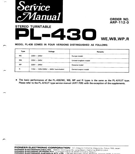 PIONEER PL-430 STEREO TURNTABLE SERVICE MANUAL INC PCBS SCHEM DIAG AND PARTS LIST 8 PAGES ENG