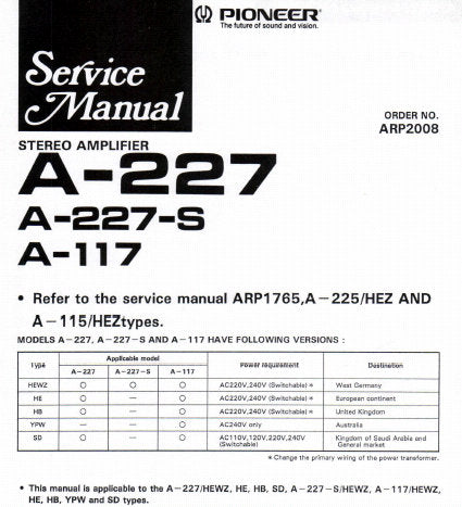 PIONEER A-117 A-227 A-227-S STEREO AMPLIFIER SERVICE MANUAL INC SCHEM DIAGS AND PARTS LIST 7 PAGES ENG