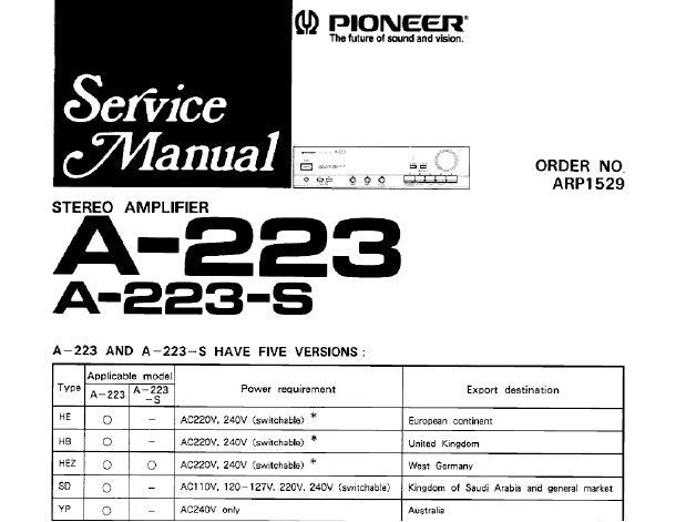 PIONEER A-223 A-223R STEREO AMPLIFIER SERVICE MANUAL INC SCHEM DIAGS PC BOARD CONN DIAG PCBS AND PARTS LIST 21 PAGES ENG